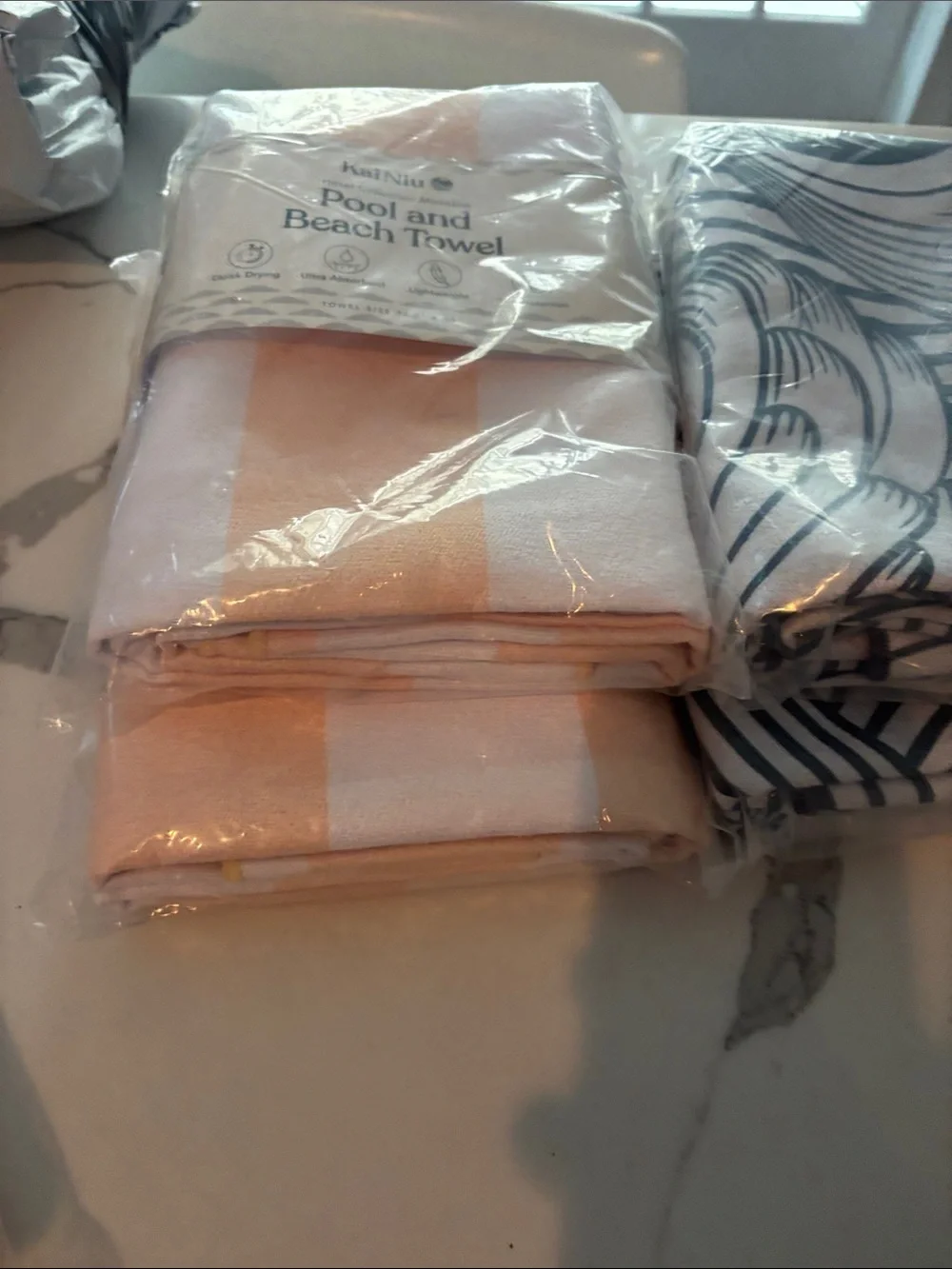 4 Pool and Beach Towel – White & Peach Stripe grey print  2 eaxh color